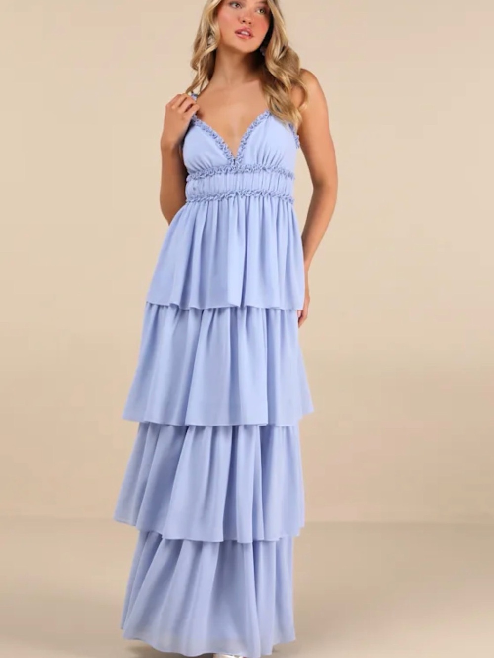 Lulu's Pastel Blue Tiered Maxi Dress with Smocked Bodice
